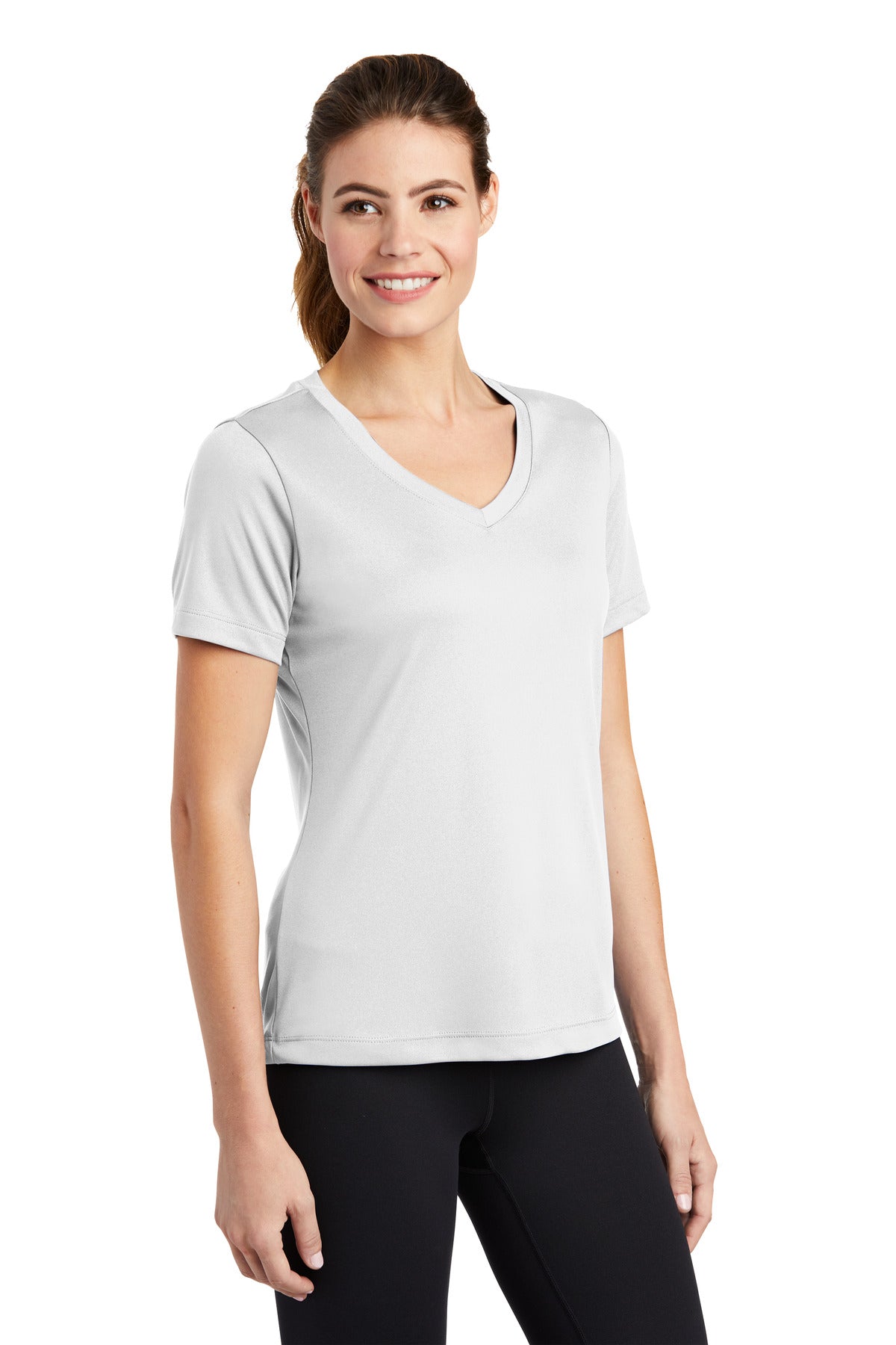 Front View of White Sport-Tek Women's PosiCharge Competitor V-Neck Tee. LST353 plain