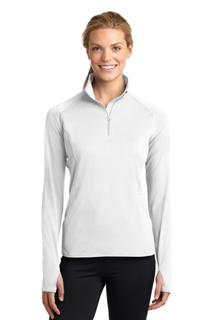 Front View of White Sport-Tek Women's Sport-Wick Stretch 1/4-Zip Pullover. LST850 plain