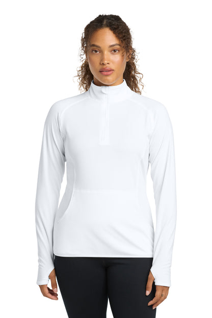 Front View of White Sport-Tek Women's Sport-Wick Stretch 1/4-Zip Pullover. LST850 plain