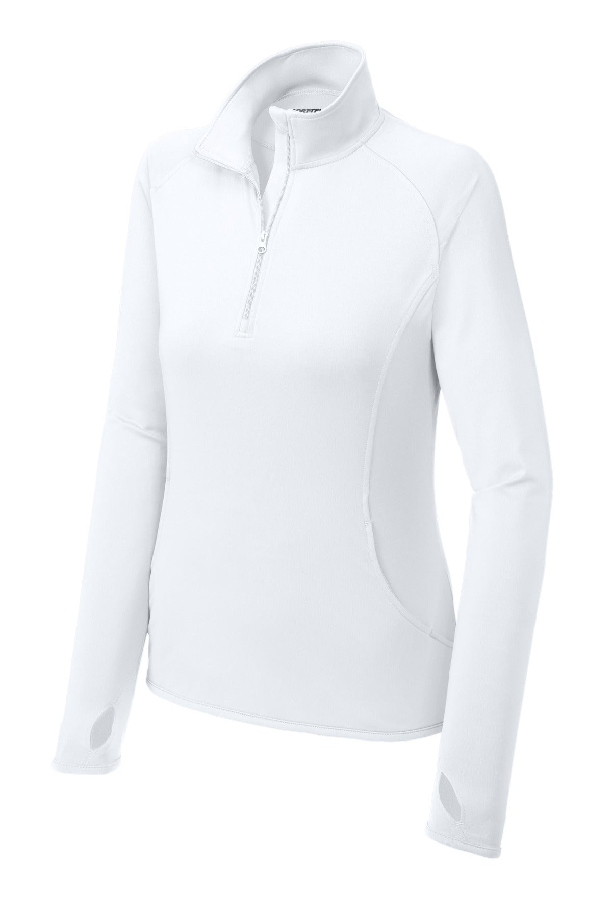 Front View of White Sport-Tek Women's Sport-Wick Stretch 1/4-Zip Pullover. LST850 plain