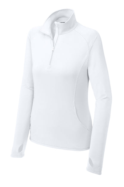 Front View of White Sport-Tek Women's Sport-Wick Stretch 1/4-Zip Pullover. LST850 plain