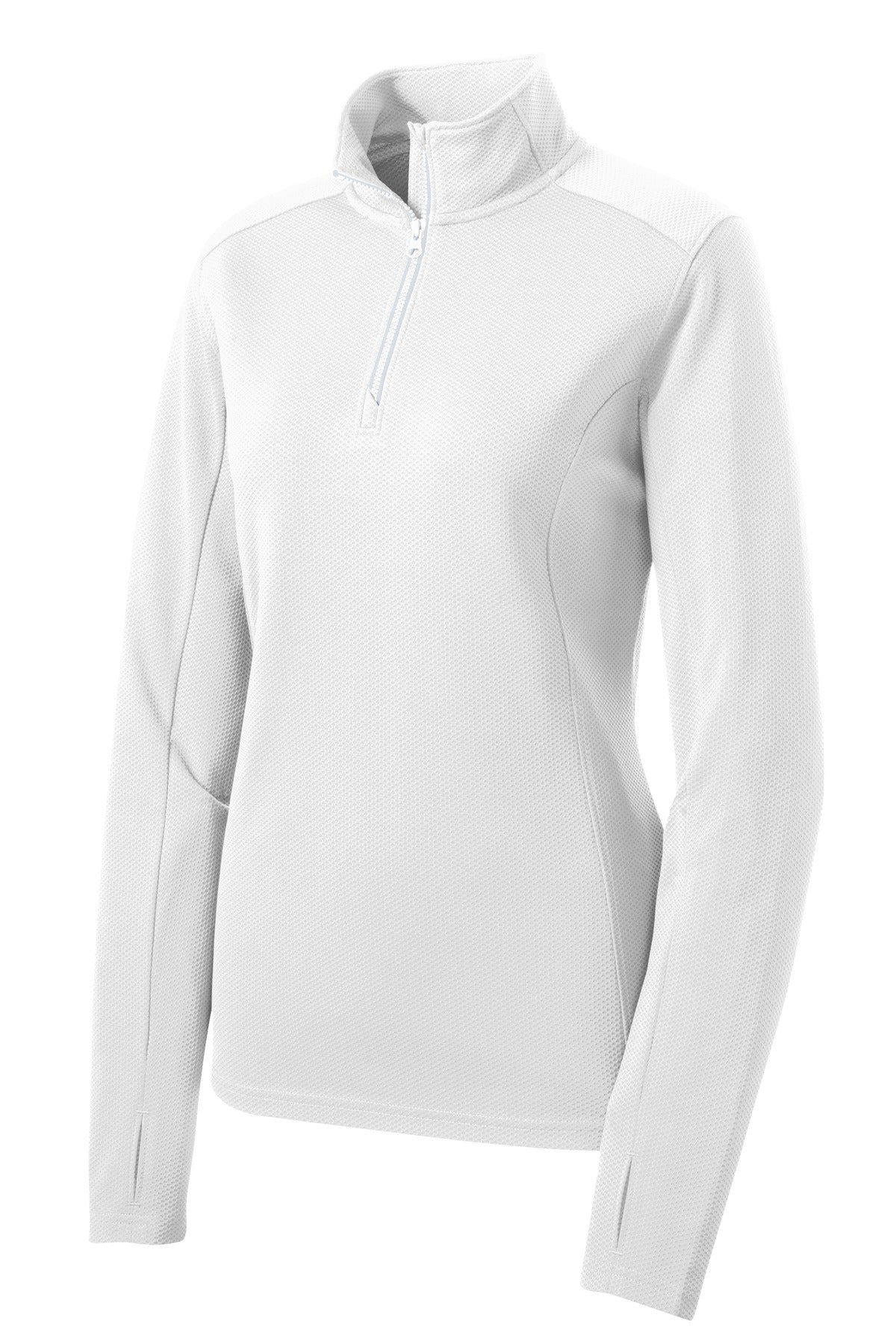 Front View of White Sport-Tek Women's Sport-Wick Textured 1/4-Zip Pullover. LST860 plain