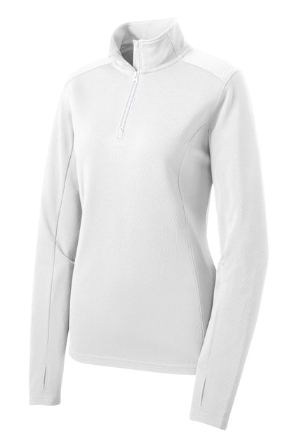 Front View of White Sport-Tek Women's Sport-Wick Textured 1/4-Zip Pullover. LST860 plain