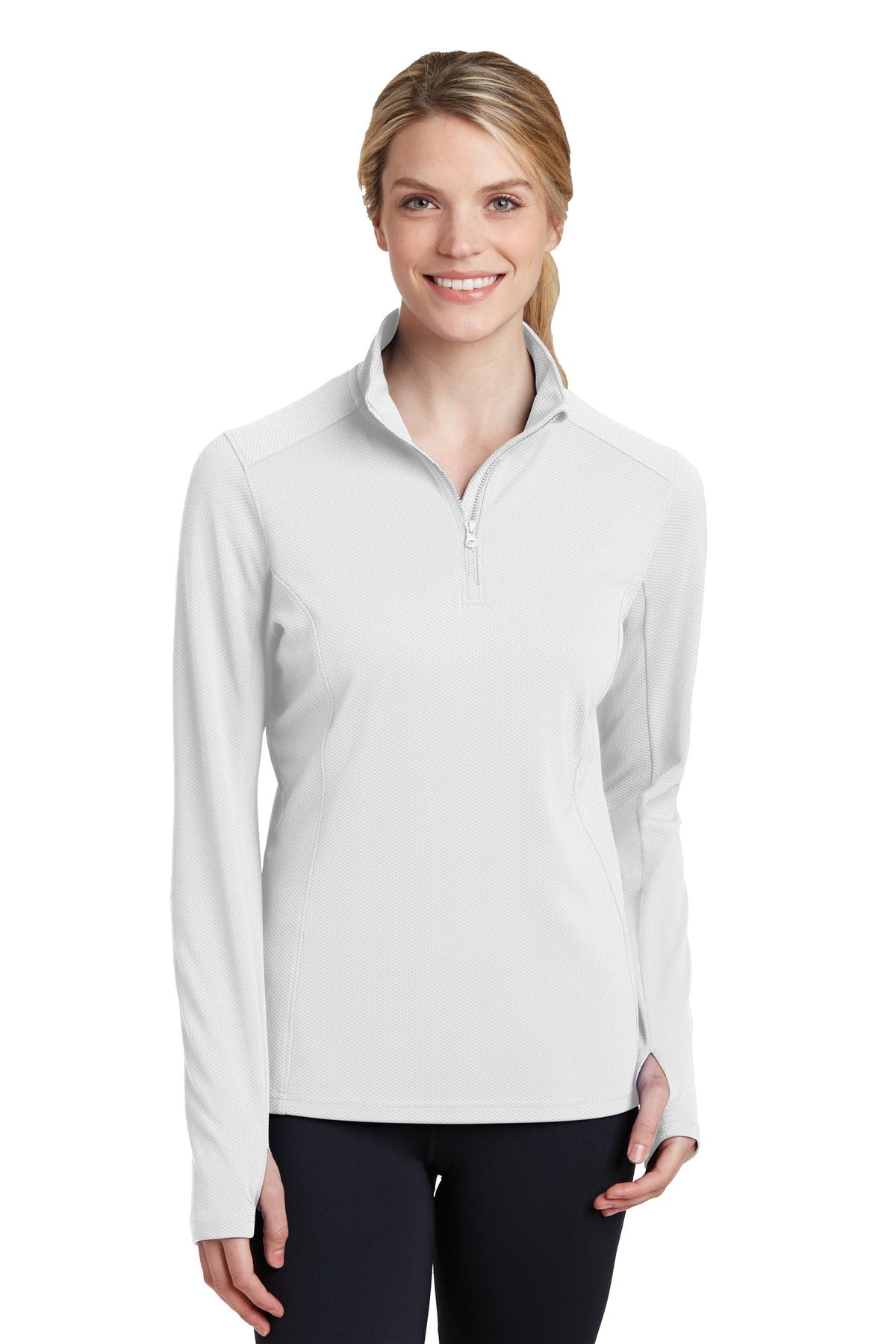Front View of White Sport-Tek Women's Sport-Wick Textured 1/4-Zip Pullover. LST860 plain