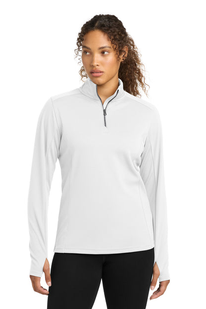 Front View of White Sport-Tek Women's Sport-Wick Textured 1/4-Zip Pullover. LST860 plain