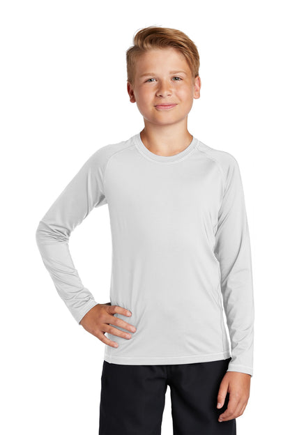 Front View of White Sport-Tek Youth Long Sleeve Rashguard Tee. YST470LS plain