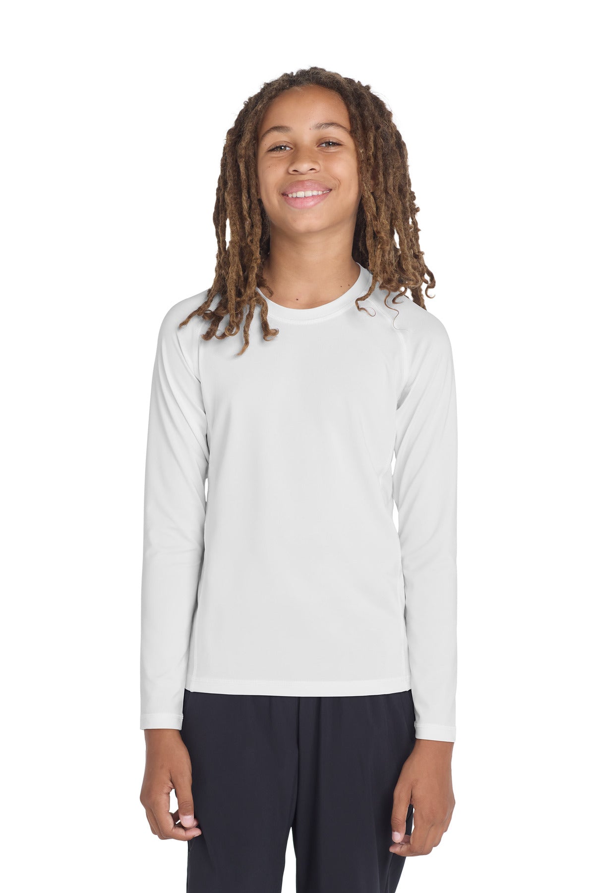 Front View of White Sport-Tek Youth Long Sleeve Rashguard Tee. YST470LS plain