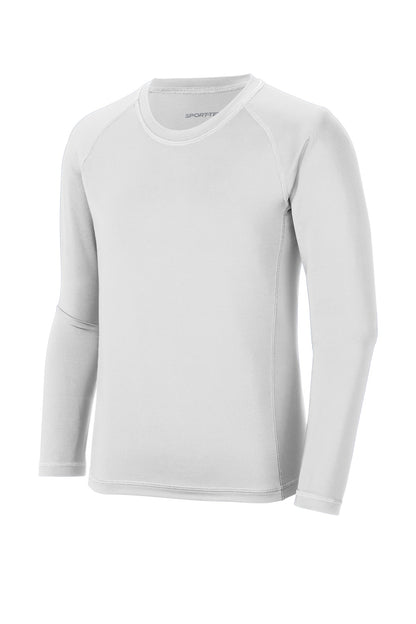 Front View of White Sport-Tek Youth Long Sleeve Rashguard Tee. YST470LS plain