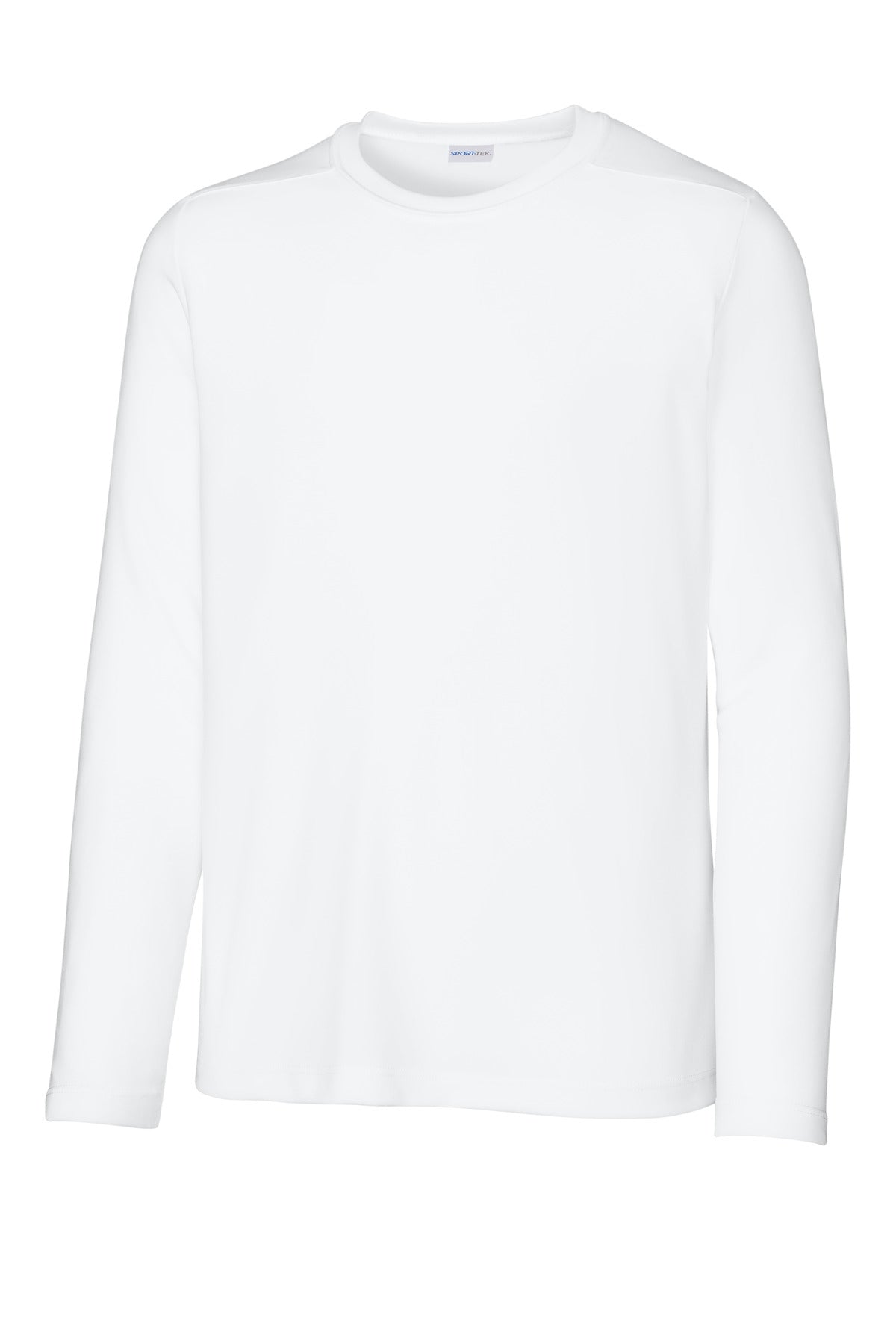 Front View of White Sport-Tek Youth Posi-UV Pro Long Sleeve Tee. YST420LS plain
