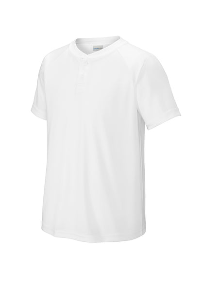 Front View of White Sport-Tek Youth PosiCharge Competitor 2-Button Henley YST359 plain