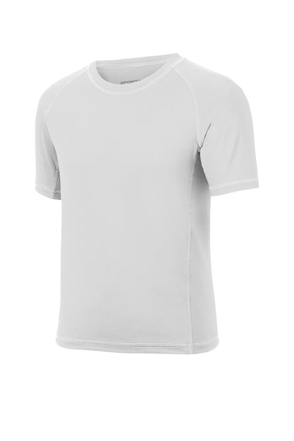 Front View of White Sport-Tek Youth Rashguard Tee. YST470 plain
