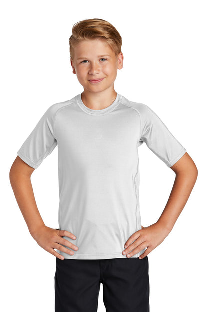 Front View of White Sport-Tek Youth Rashguard Tee. YST470 plain