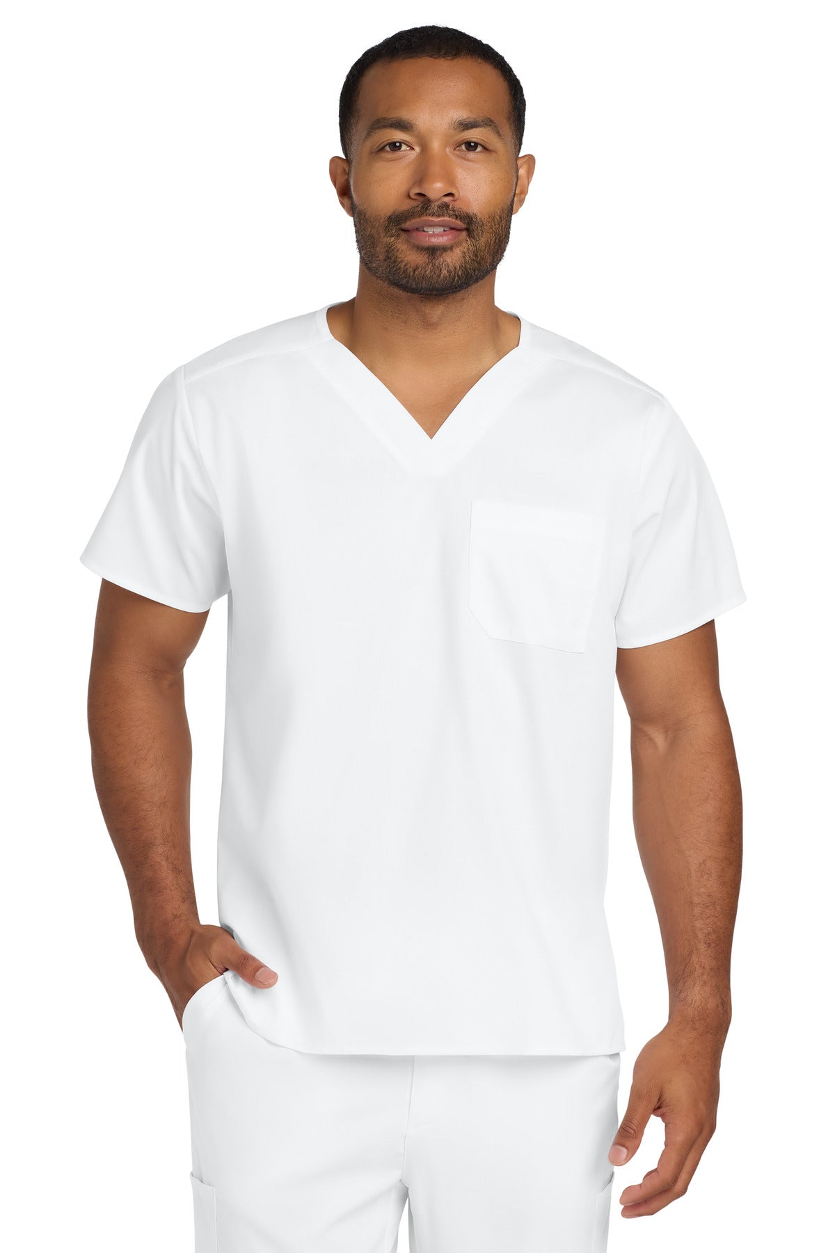 Front View of White Wink Unisex WorkFlex Chest Pocket V-Neck Top WW3160 plain