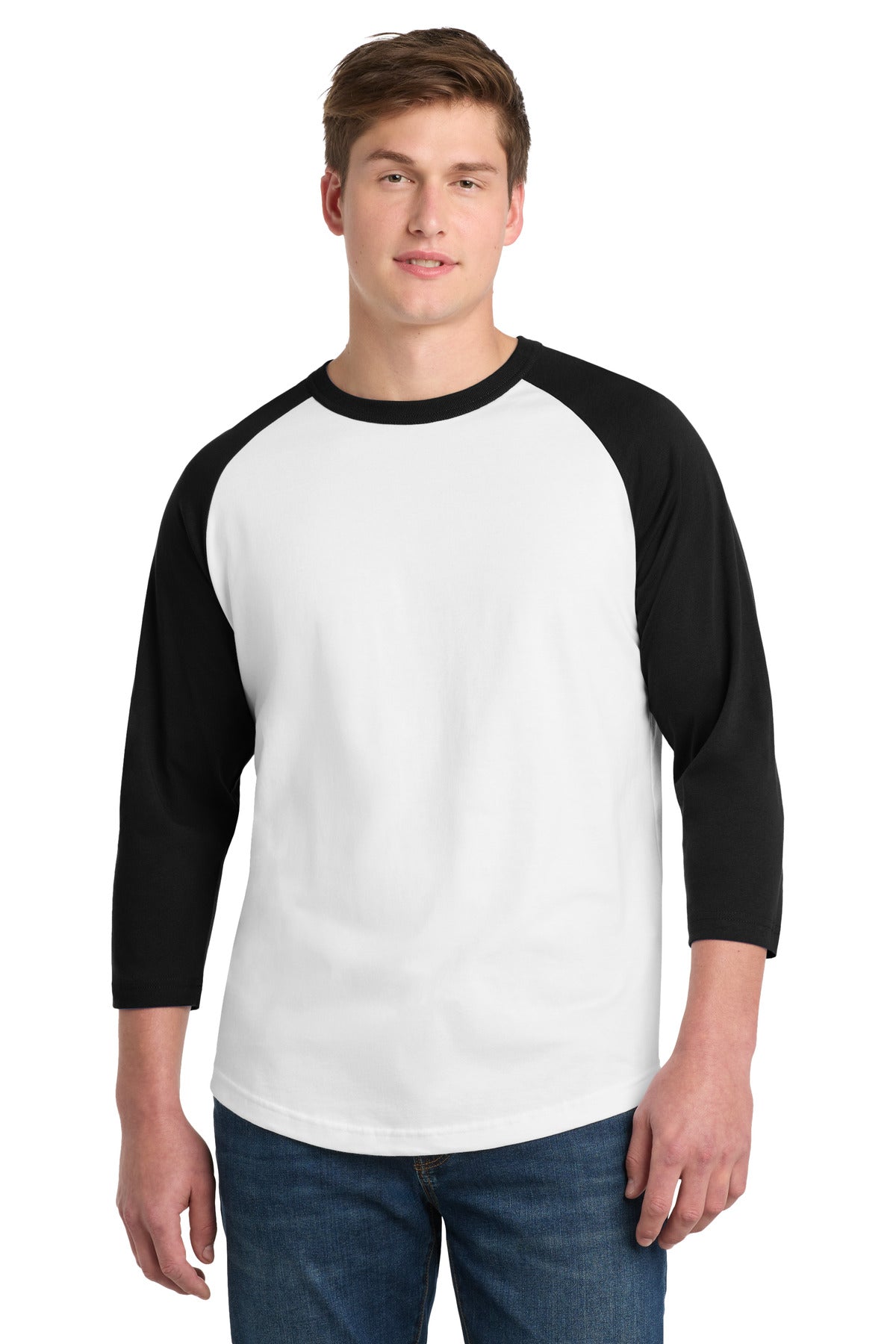Front View of White/Black Sport-Tek Colorblock Raglan Jersey. T200 plain