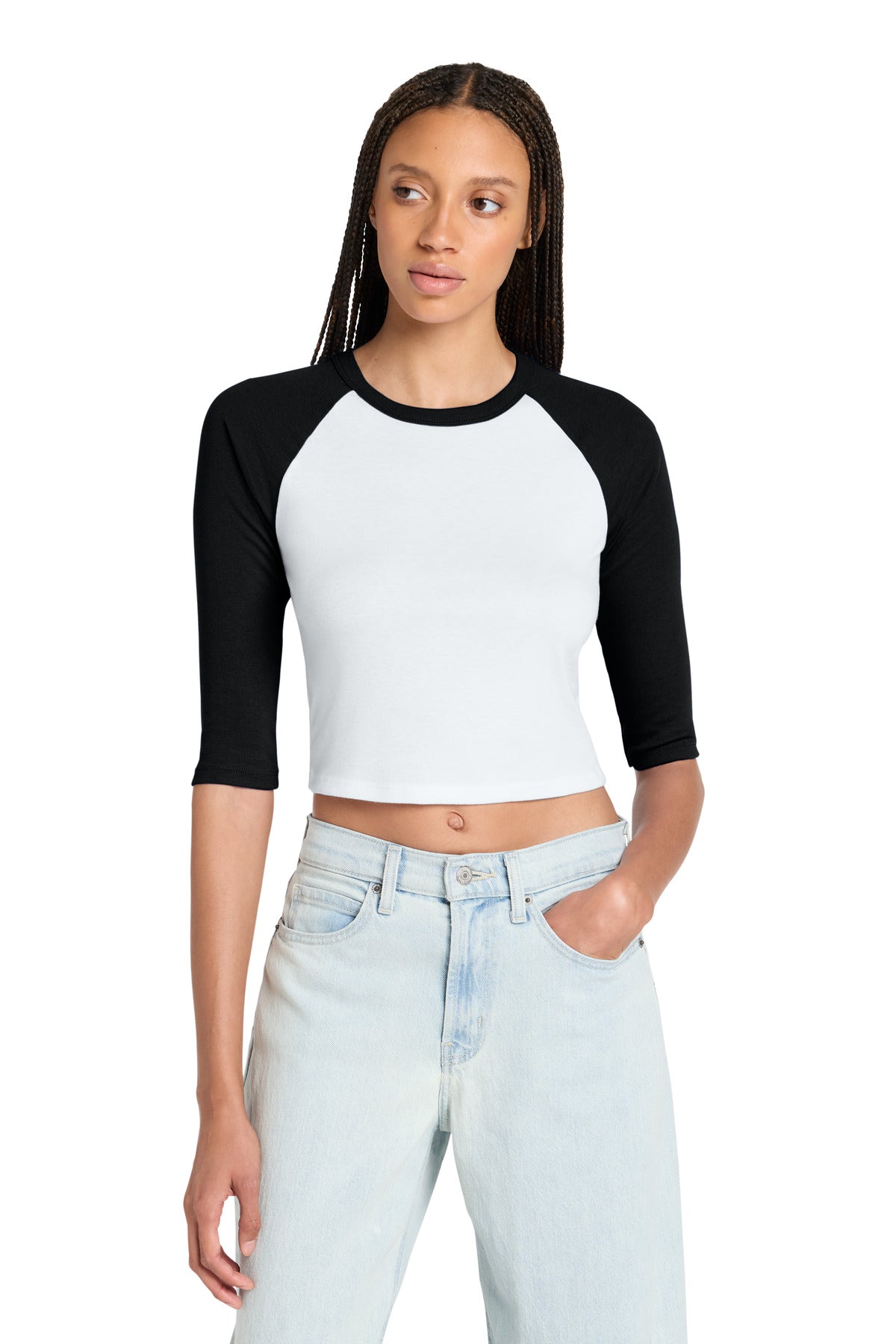 Front View of White/Blk BELLA+CANVAS Women's Micro Rib 3/4 Raglan Baby Tee BC1200 plain