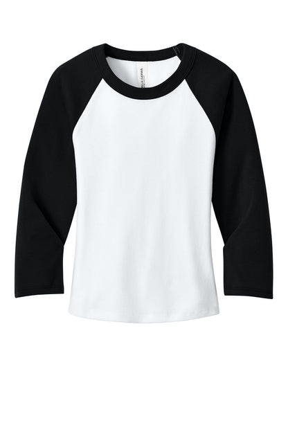 Front View of White/Blk BELLA+CANVAS Women's Micro Rib 3/4 Raglan Baby Tee BC1200 plain