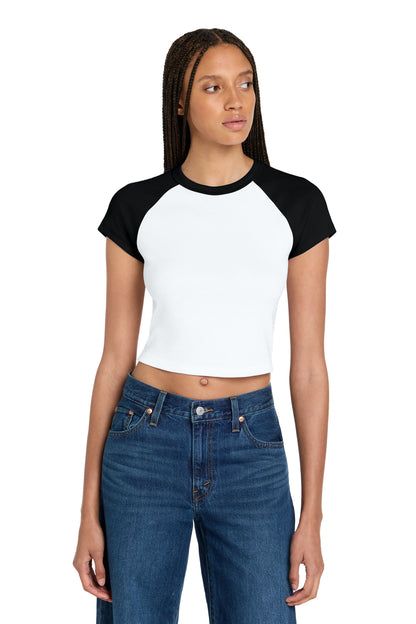Front View of White/Blk BELLA+CANVAS Women's Micro Rib Raglan Baby Tee BC1201 plain