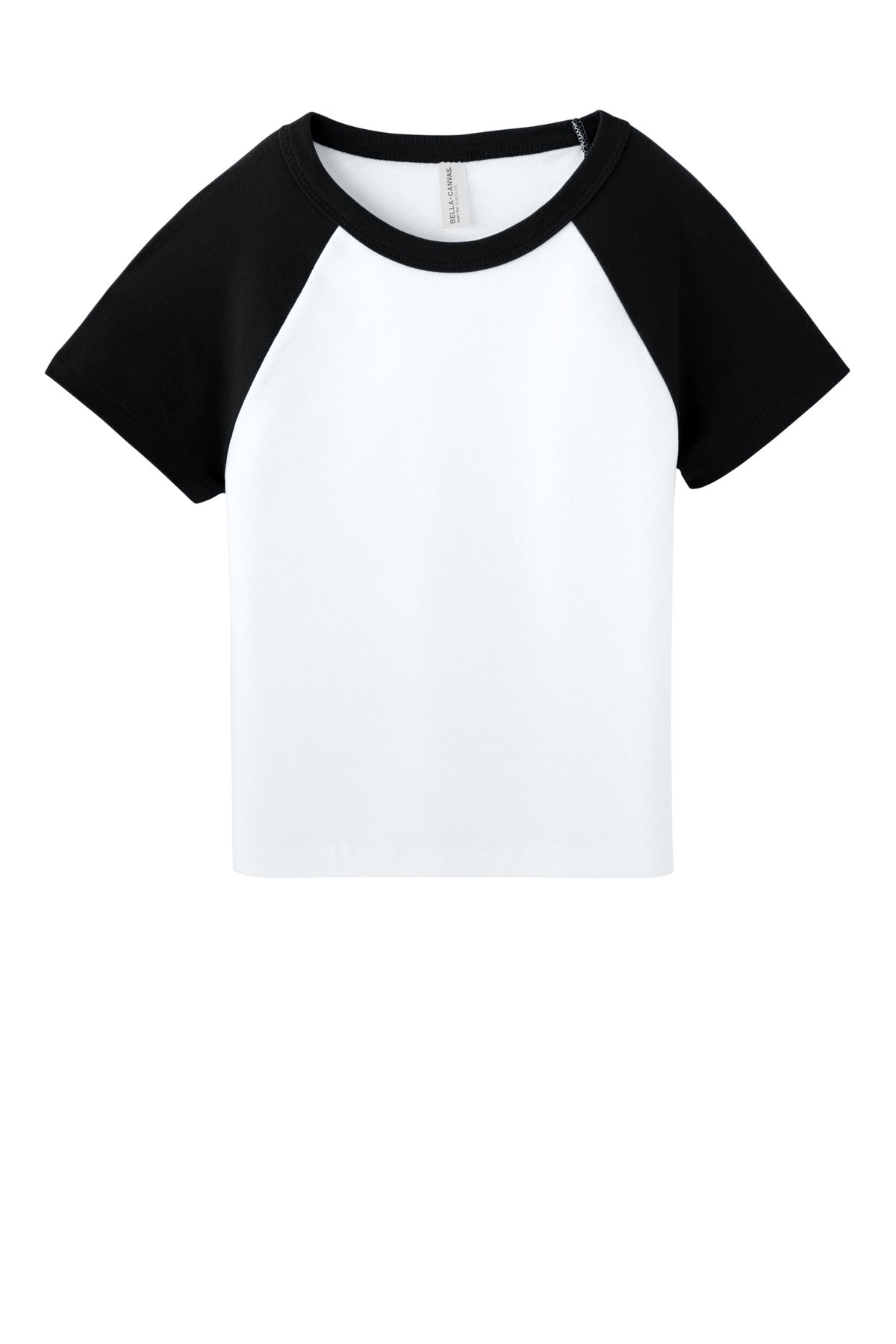 Front View of White/Blk BELLA+CANVAS Women's Micro Rib Raglan Baby Tee BC1201 plain