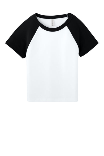 Front View of White/Blk BELLA+CANVAS Women's Micro Rib Raglan Baby Tee BC1201 plain