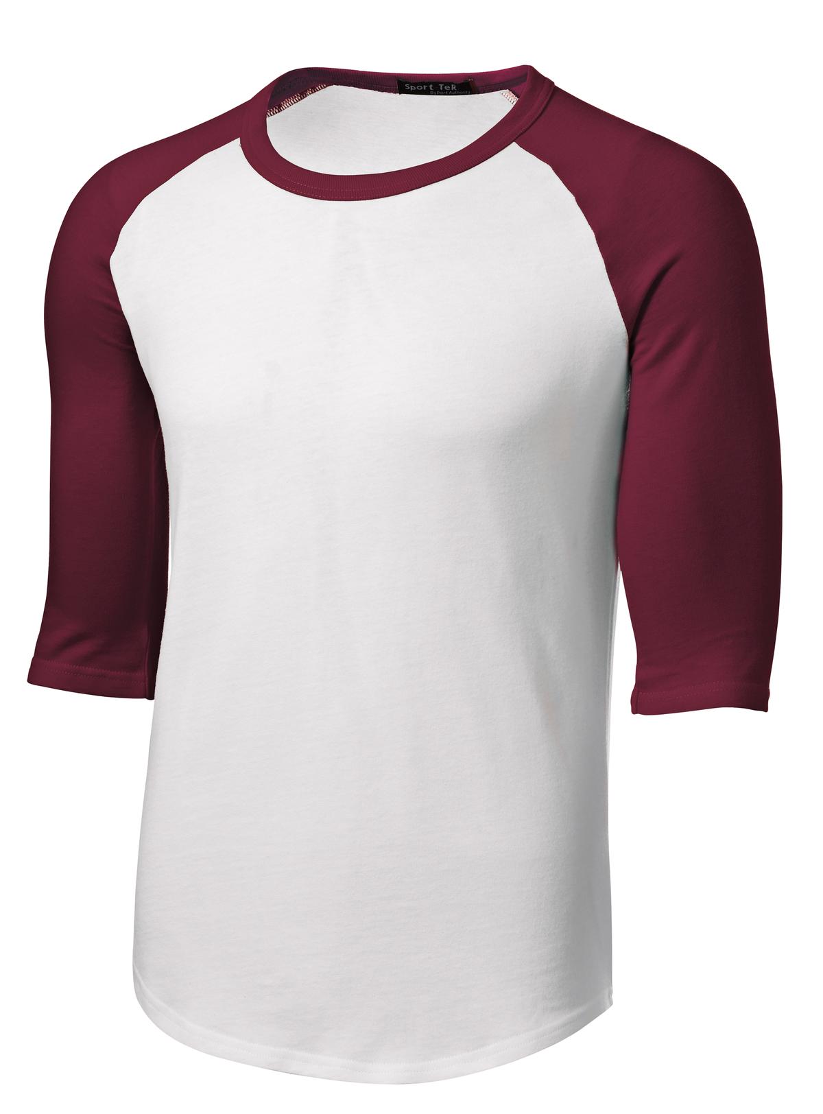 Front View of White/Cardinal Sport-Tek Colorblock Raglan Jersey. T200 plain