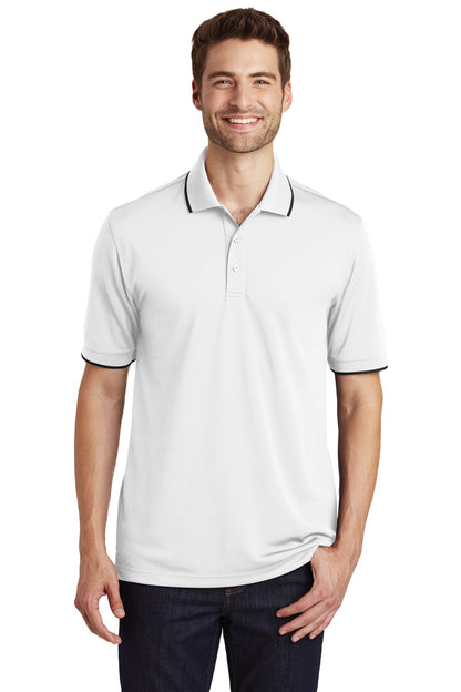 Front View of White/Dp Black Port Authority Dry Zone UV Micro-Mesh Tipped Polo. K111 plain