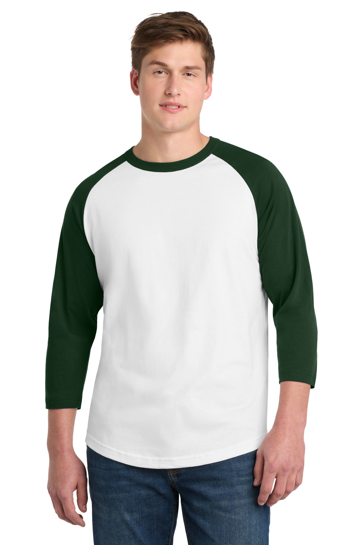 Front View of White/Forest Sport-Tek Colorblock Raglan Jersey. T200 plain