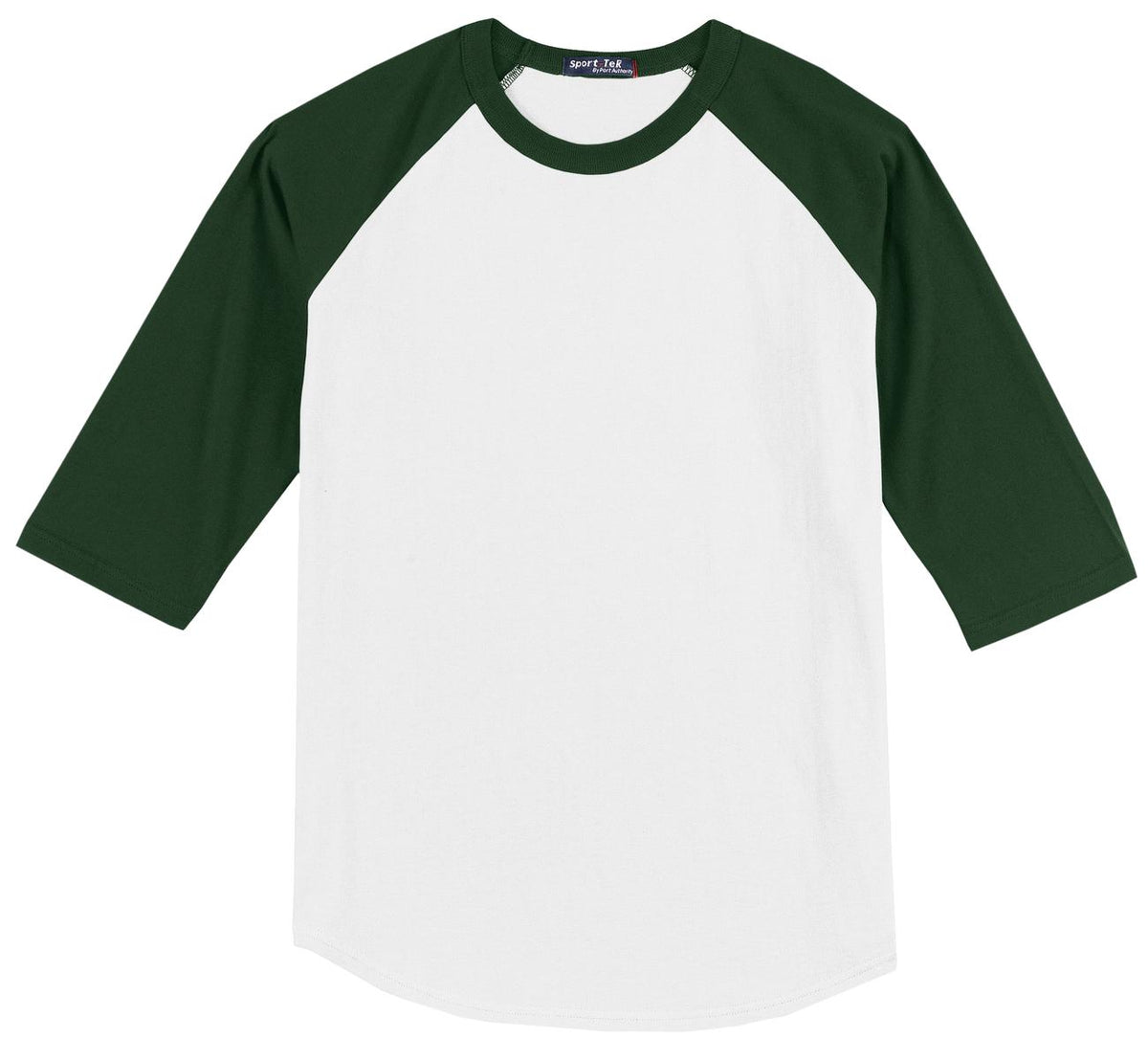 Front View of White/Forest Sport-Tek Colorblock Raglan Jersey. T200 plain