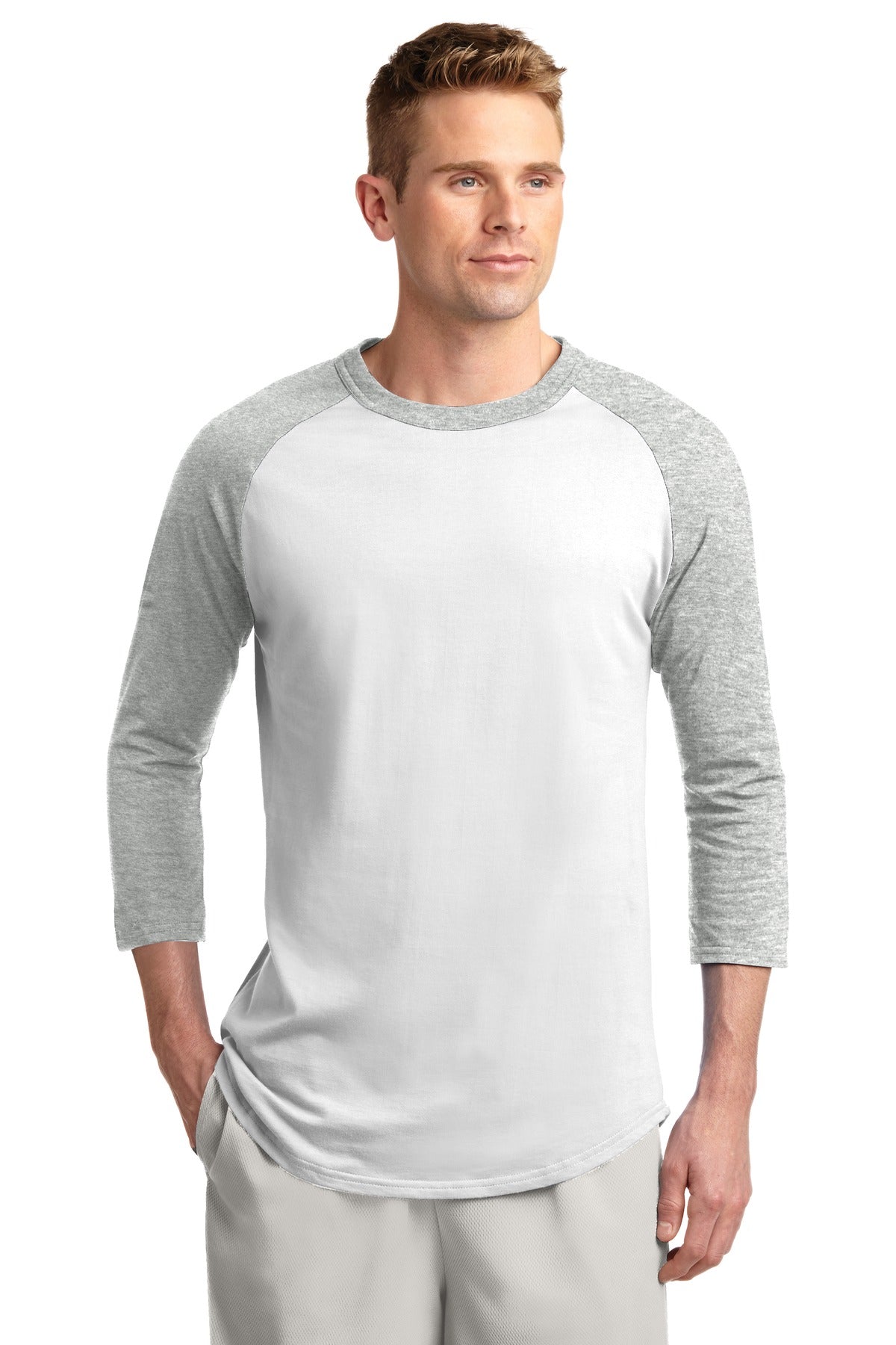 Front View of White/Grey Hth Sport-Tek Colorblock Raglan Jersey. T200 plain