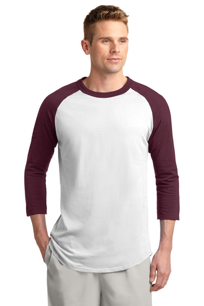 Front View of White/Maroon Sport-Tek Colorblock Raglan Jersey. T200 plain