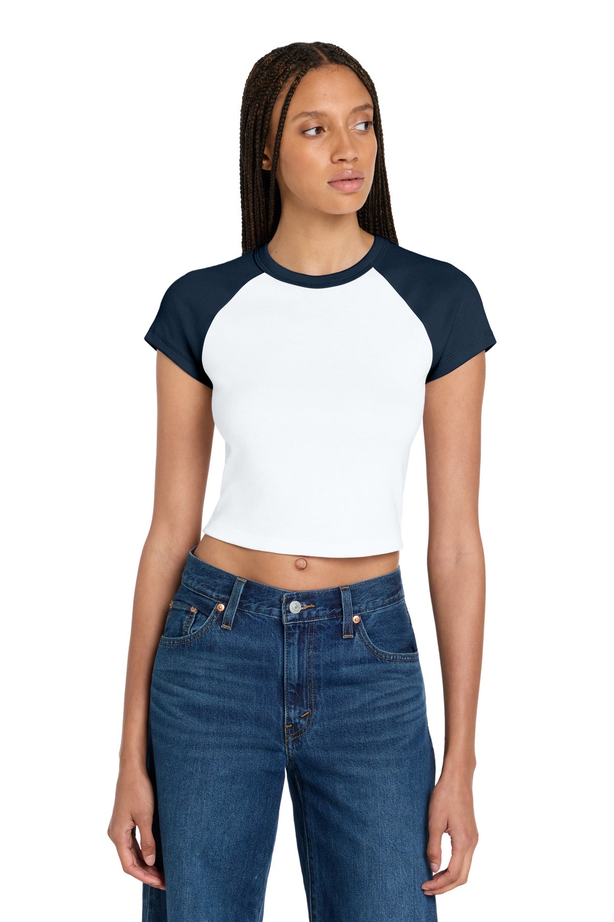 Front View of White/Navy BELLA+CANVAS Women's Micro Rib Raglan Baby Tee BC1201 plain