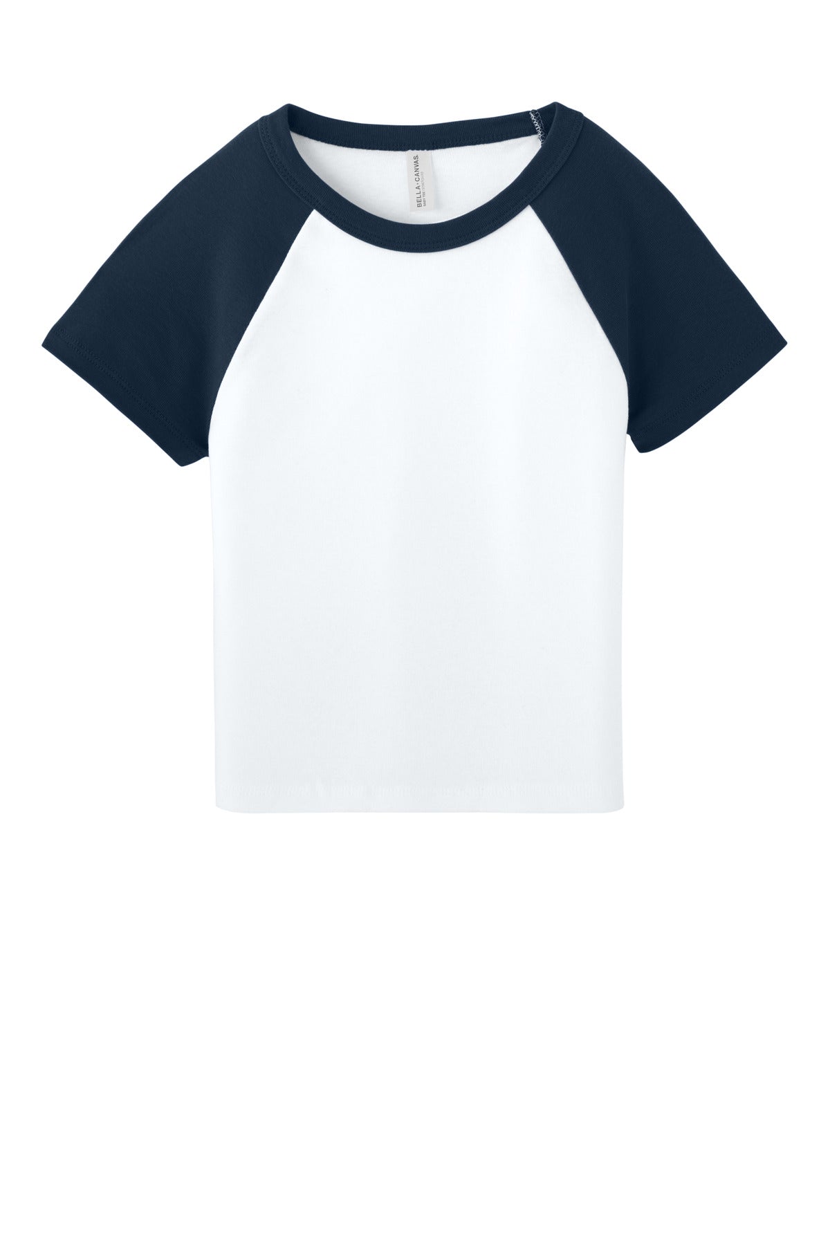 Front View of White/Navy BELLA+CANVAS Women's Micro Rib Raglan Baby Tee BC1201 plain