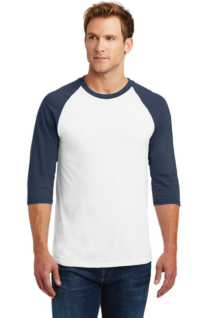 Front View of White/Navy Gildan Heavy Cotton 3/4-Sleeve Raglan T-Shirt. 5700 plain