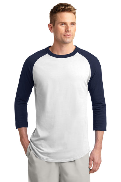 Front View of White/Navy Sport-Tek Colorblock Raglan Jersey. T200 plain