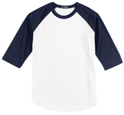 Front View of White/Navy Sport-Tek Colorblock Raglan Jersey. T200 plain