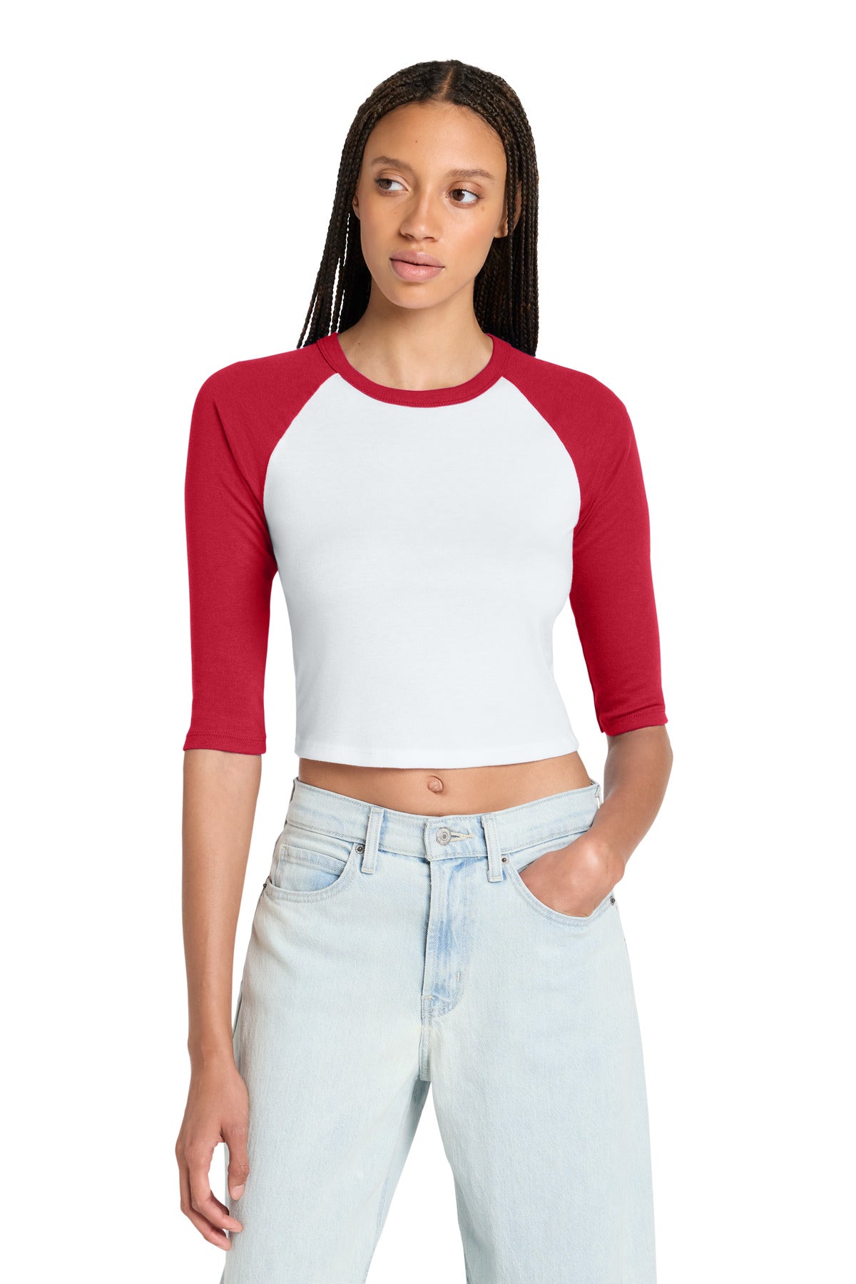 Front View of White/Red BELLA+CANVAS Women's Micro Rib 3/4 Raglan Baby Tee BC1200 plain