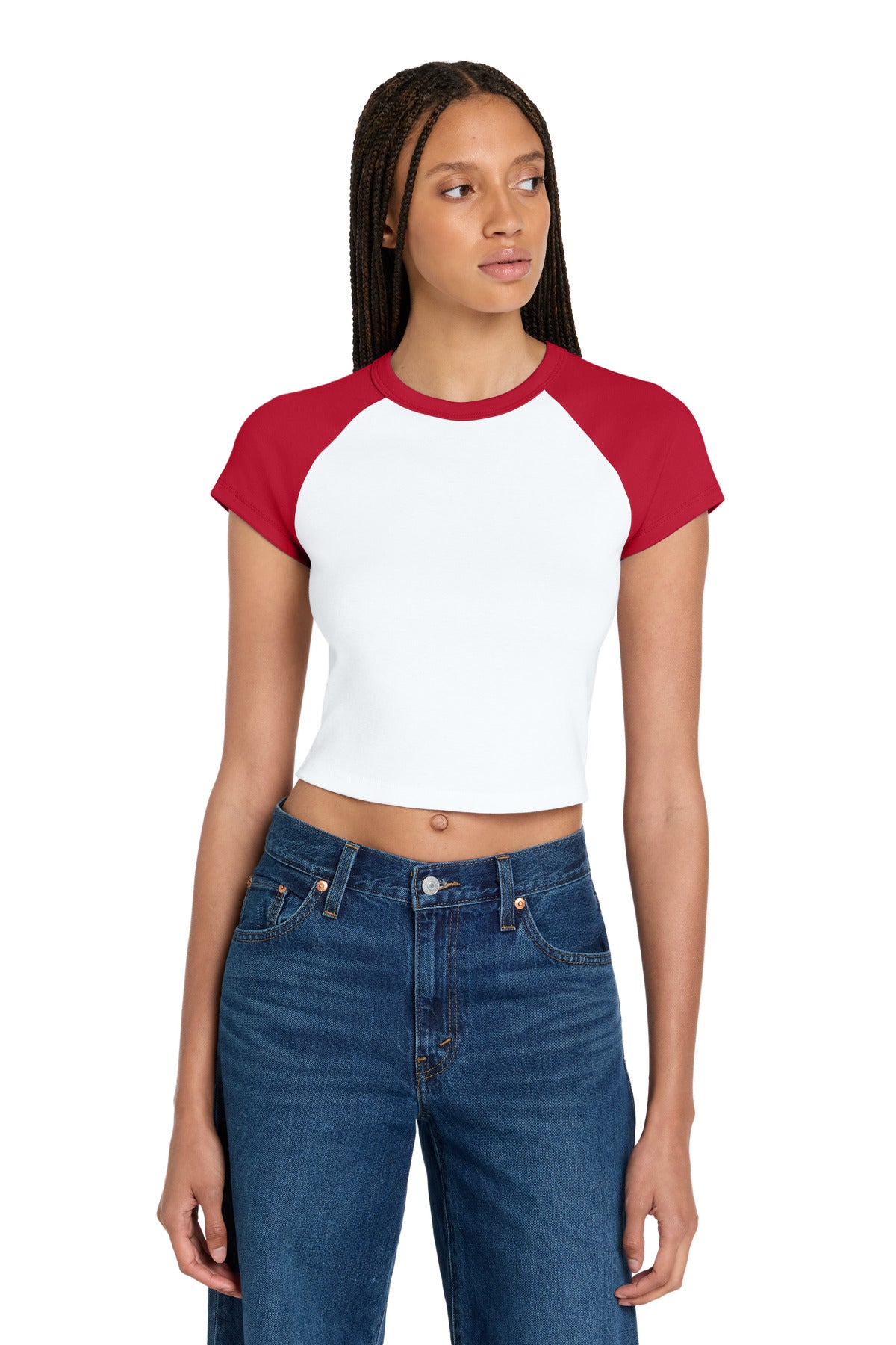 Front View of White/Red BELLA+CANVAS Women's Micro Rib Raglan Baby Tee BC1201 plain