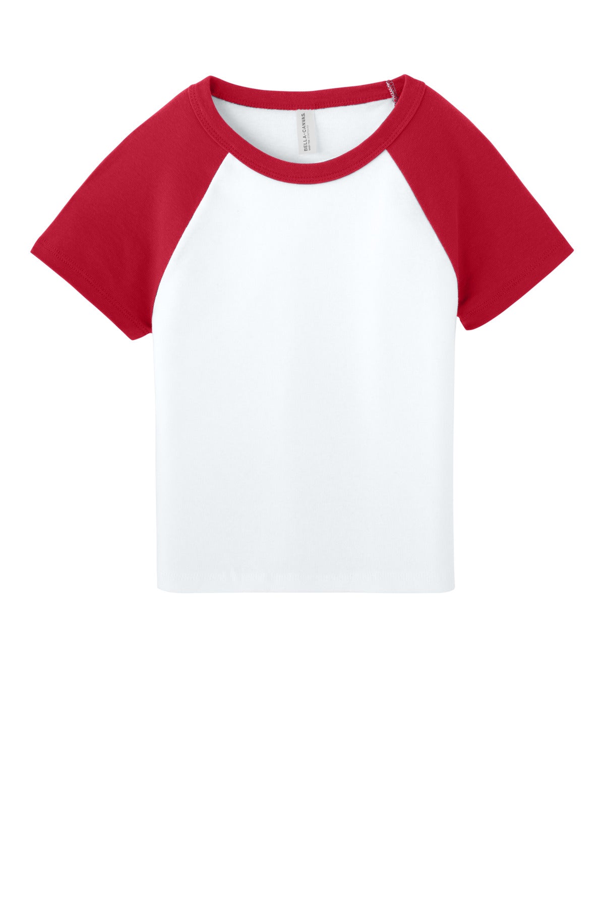 Front View of White/Red BELLA+CANVAS Women's Micro Rib Raglan Baby Tee BC1201 plain