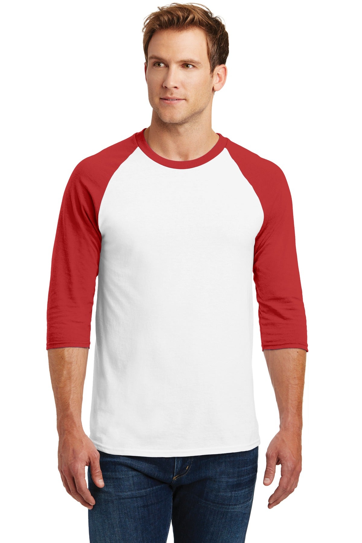 Front View of White/Red Gildan Heavy Cotton 3/4-Sleeve Raglan T-Shirt. 5700 plain