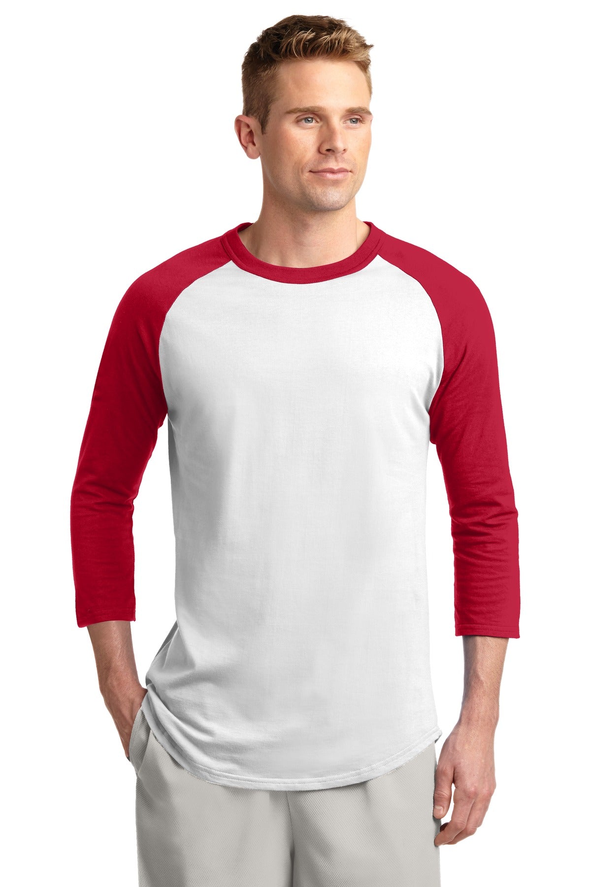 Front View of White/Red Sport-Tek Colorblock Raglan Jersey. T200 plain