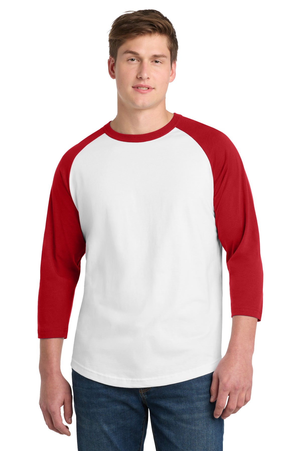 Front View of White/Red Sport-Tek Colorblock Raglan Jersey. T200 plain