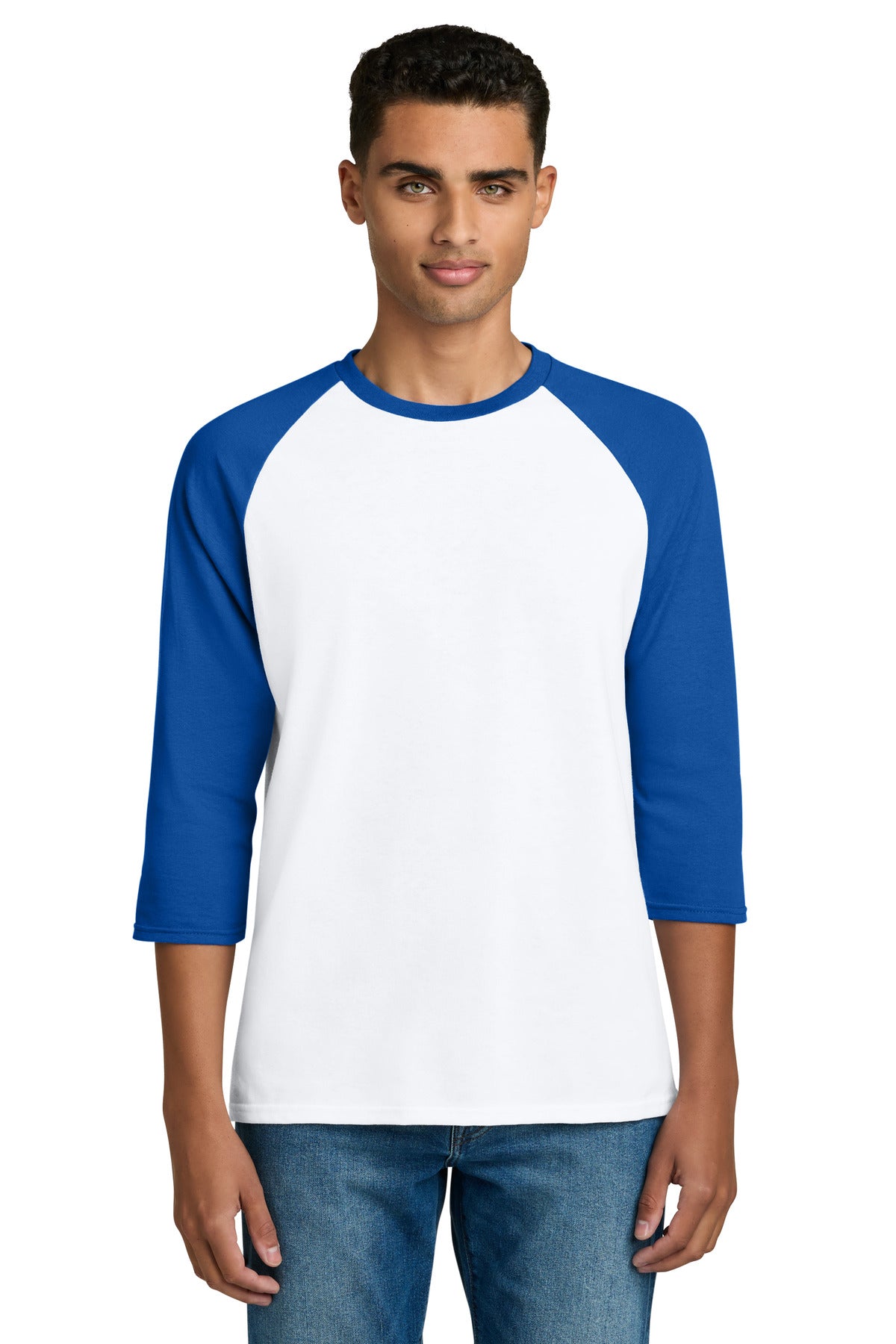 Front View of White/Royal Gildan Heavy Cotton 3/4-Sleeve Raglan T-Shirt. 5700 plain