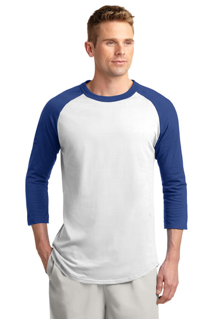 Front View of White/Royal Sport-Tek Colorblock Raglan Jersey. T200 plain