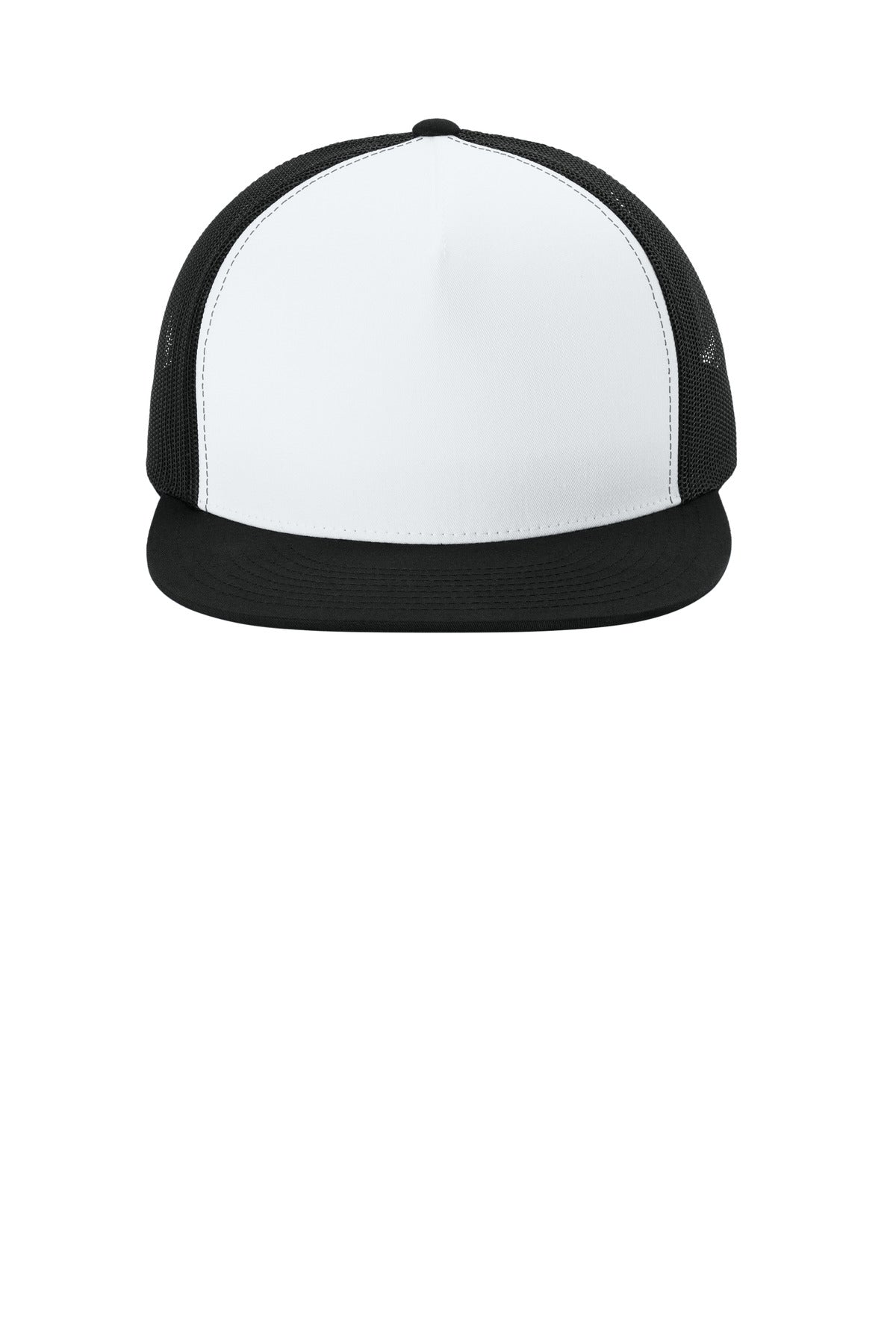 Front View of Wht/Bk/Bk Sport-Tek YP Classics 5-Panel Classic Trucker Mesh Back Cap. STC38 plain