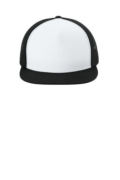 Front View of Wht/Bk/Bk Sport-Tek YP Classics 5-Panel Classic Trucker Mesh Back Cap. STC38 plain
