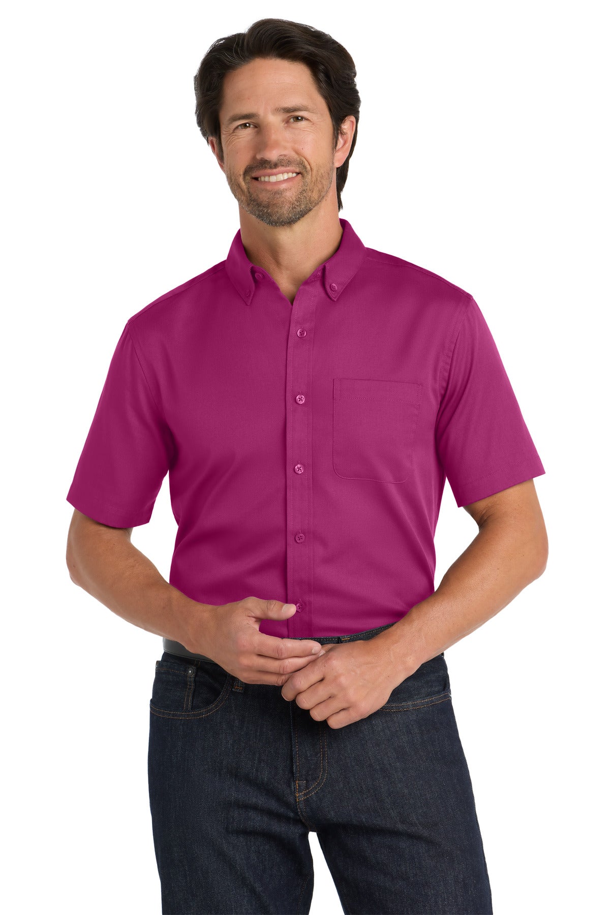 Front View of WildBerry Port Authority Short Sleeve SuperPro React Twill Shirt. W809 plain
