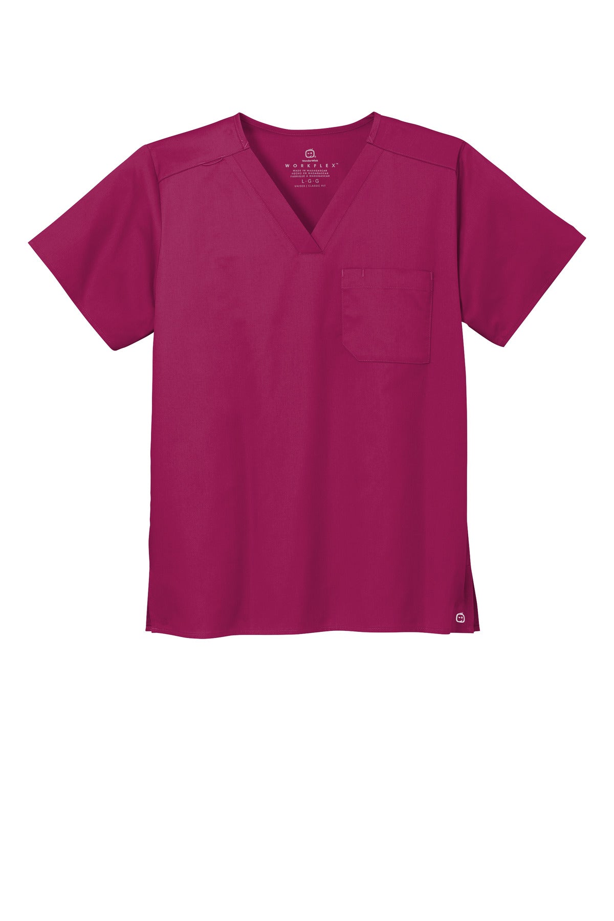 Front View of Wine Wink Unisex WorkFlex Chest Pocket V-Neck Top WW3160 plain