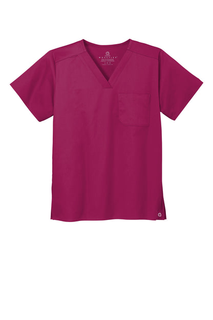 Front View of Wine Wink Unisex WorkFlex Chest Pocket V-Neck Top WW3160 plain