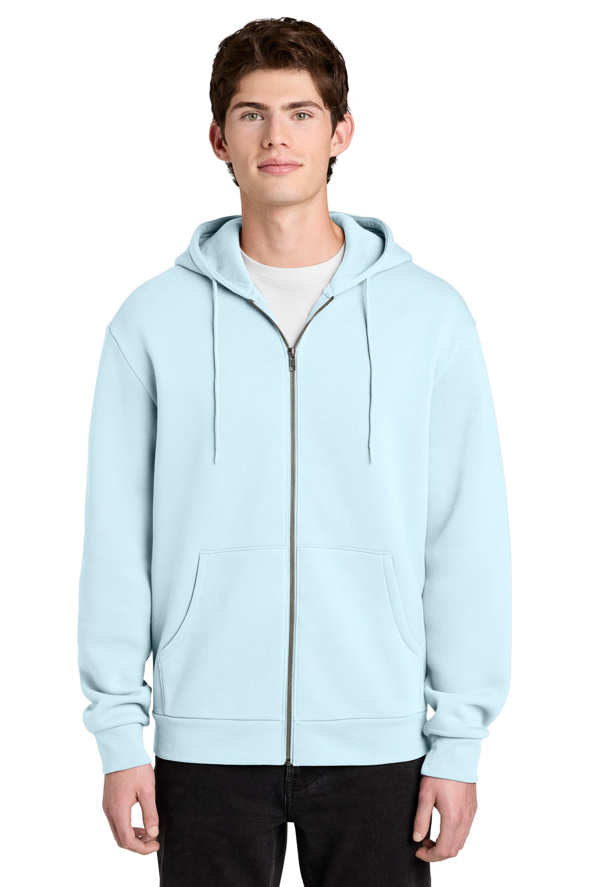 Front View of WinterBlue District MelloFleece Full-Zip Hoodie DT6702 plain