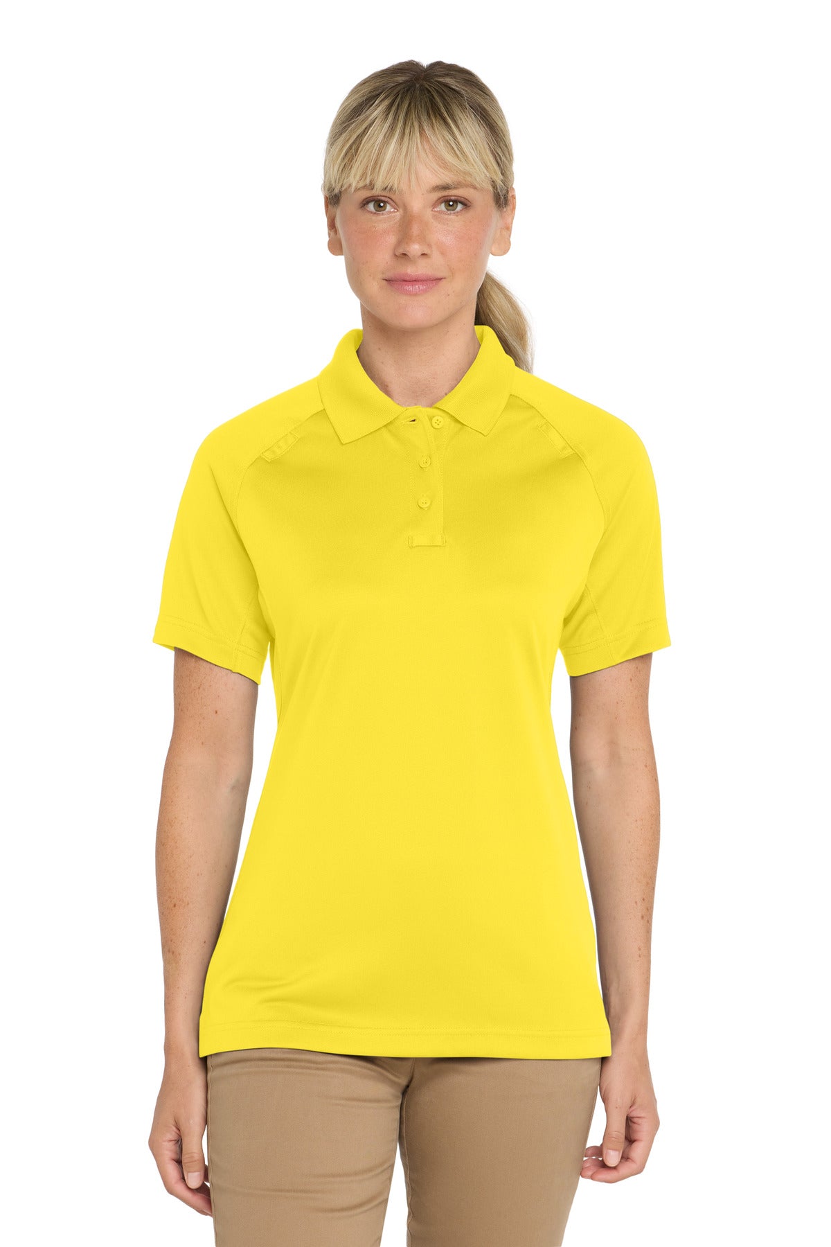 Front View of Yellow CornerStone Women's Select Snag-Proof Tactical Polo. CS411 plain