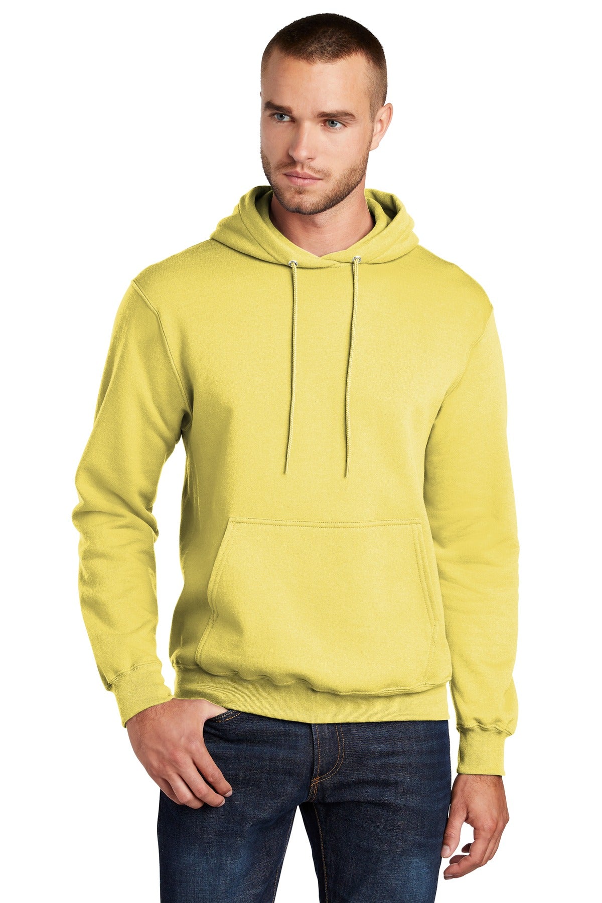 Front View of Yellow Port & Co Core Fleece Pullover Hooded Sweatshirt. PC78H plain